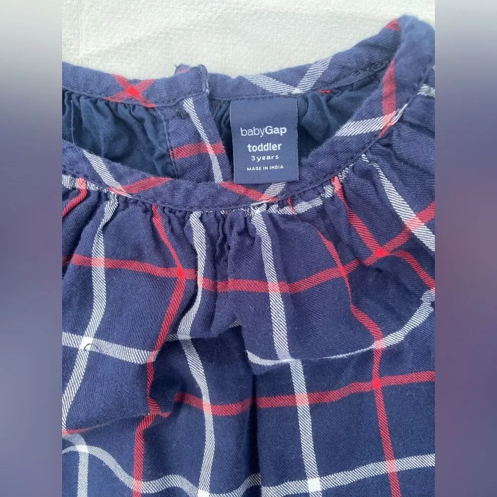 Baby Gap 3T Girls Navy Blue Red Plaid Embroidered Dressy Top Shirt Blouse
